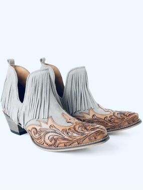 Myra Bag-Cimarron Belle Fringed Handtooled
Leather Booties in Wild Tan.